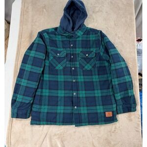 Cloudveil Mountain Quilted Flannel Lined Hooded Shirt Jacket XL Tartan Plain EUC